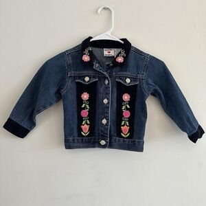 VTG Y2K Toddler Girls 3T Denim Jean Jacket‎ Dark Wash Embroidered Flowers Tulip